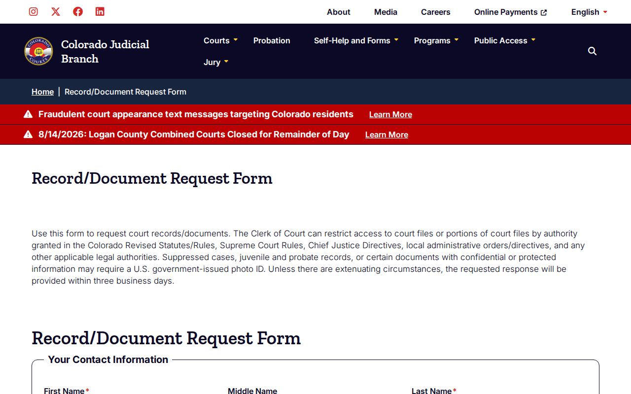 Custer County case search court record request form