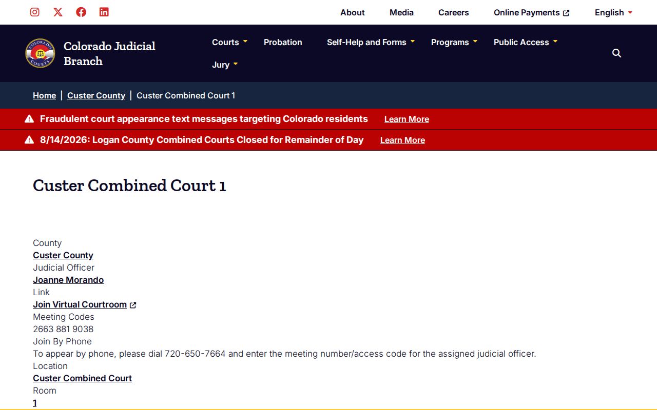 Custer County court calendar virtual courtroom instructions