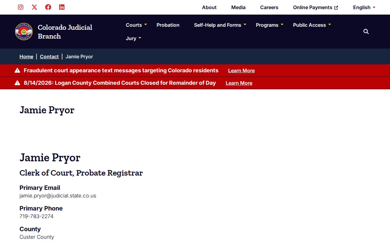 Custer County court docket clerk profile