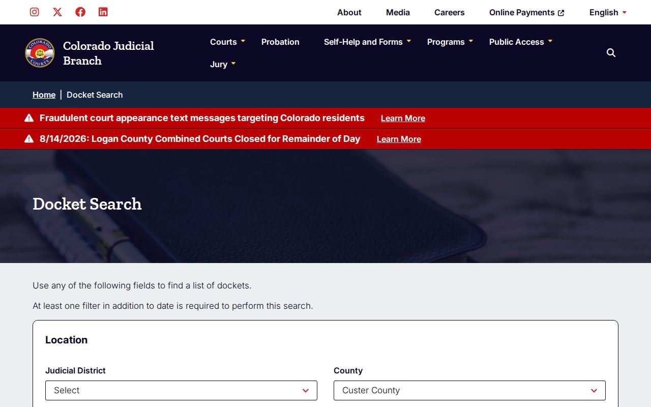 Custer County court docket search interface